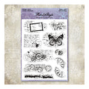 A sheet of clear stamp designs featuring vintage-style black ink illustrations, including a butterfly, postmarks, clocks, script notes, and decorative borders, displayed on a textured beige background with a decorative purple header card.