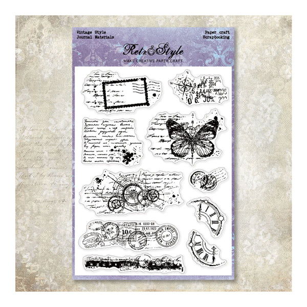 A sheet of clear stamp designs featuring vintage-style black ink illustrations, including a butterfly, postmarks, clocks, script notes, and decorative borders, displayed on a textured beige background with a decorative purple header card.