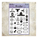 A sheet of clear vinyl decals with black vintage-style journaling and crafting tools, branded 'Kels & Style Mini Creations Party Crafts', displayed on a textured beige background.