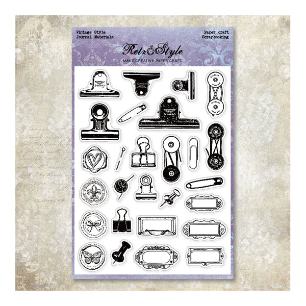 A sheet of clear vinyl decals with black vintage-style journaling and crafting tools, branded 'Kels & Style Mini Creations Party Crafts', displayed on a textured beige background.