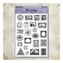 A sheet of vintage-style stamp designs from Rets & Style Paper Craft Scrapbooking, featuring various black and white illustrated stamps on a white card with a purple header, set against a textured beige background.