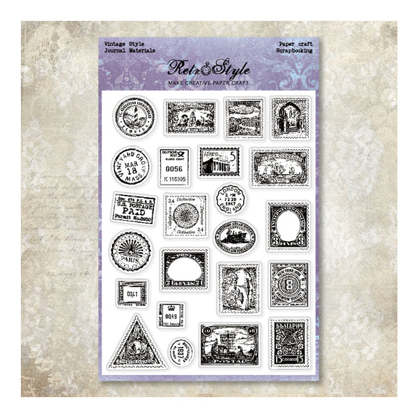 A sheet of vintage-style stamp designs from Rets & Style Paper Craft Scrapbooking, featuring various black and white illustrated stamps on a white card with a purple header, set against a textured beige background.