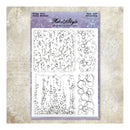 A clear stamp set sheet with black bubble and line-art designs, mounted on a lavender header card labeled 'Rela & Style' and 'Paper craft Scrunchies,' shown against a textured beige background.