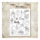 A sheet of clear craft stamps with black line drawings of gardening and floral motifs, including pots, plants, a watering can, rain boots, a birdhouse, flowers, and the words 'Keep BLOOMING' and 'lovely', displayed on a vintage-style beige background card.
