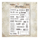 A sheet of clear stamping templates from Paper Craft Scrapbooking by Retro Style, featuring various vintage math equations, dates, numbers, and text boxes, displayed on a textured beige background.