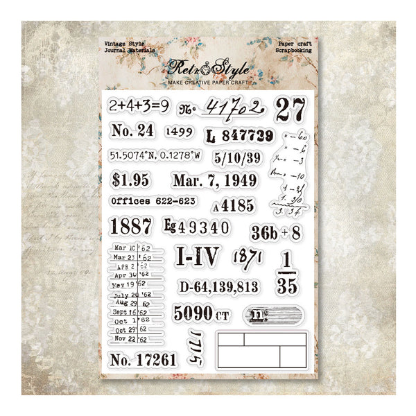 A sheet of clear stamping templates from Paper Craft Scrapbooking by Retro Style, featuring various vintage math equations, dates, numbers, and text boxes, displayed on a textured beige background.