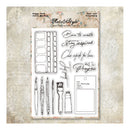 A sheet of clear craft stamps with black ink designs, including a watercolor palette, paintbrushes, a paint tube, and motivational phrases, displayed on a vintage-style textured background.