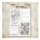 A sheet of scrapbook paper from The Pullman Company, featuring vintage-style black ink illustrations and lined writing sections on a white sheet, displayed against a textured beige background.