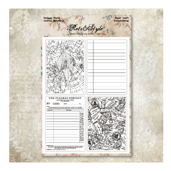 A sheet of scrapbook paper from The Pullman Company, featuring vintage-style black ink illustrations and lined writing sections on a white sheet, displayed against a textured beige background.