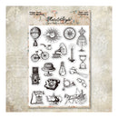 A sheet of clear stamp designs featuring vintage and retro illustrations such as a bicycle, hot air balloon, gramophone, camera, telephone, and clock, displayed on a textured beige background with branding at the top.