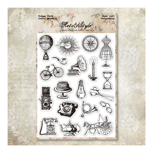 A sheet of clear stamp designs featuring vintage and retro illustrations such as a bicycle, hot air balloon, gramophone, camera, telephone, and clock, displayed on a textured beige background with branding at the top.