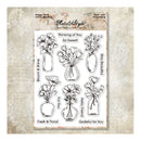A sheet of floral stamp designs from Flea & Style Paper Craft Stamp Tea, featuring black line-art illustrations of flowers in vases with phrases like 'Thinking of You So Sweet!' and 'Fresh & Floral', displayed on a textured beige background.