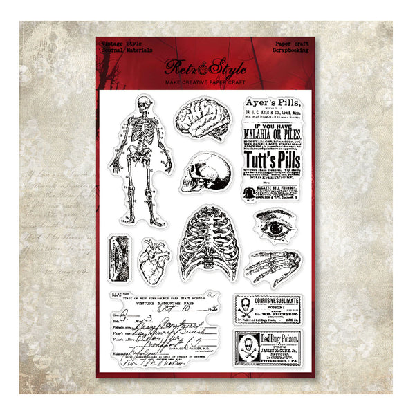 A sheet of vintage-themed scrapbooking paper from Kels & Style, featuring anatomical illustrations, old newspaper clippings, and handwritten notes in black ink on a white background with a red header.