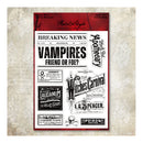 A flat rectangular printed design featuring a vintage newspaper layout with horror-themed text including 'Breaking News: Vampires Friend or Foe?' and multiple black illustrated newspaper boxes on a white field, bordered by red and set against a textured beige background.