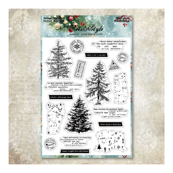 A sheet of clear stamps with black holiday-themed designs, including Christmas trees, stamps, and phrases, displayed on a textured beige background with a decorative header card.