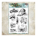 A sheet of clear Christmas-themed paper craft stamps from Relax & Style, featuring black ink designs of Santa Claus, snowflakes, ornaments, and festive text, displayed on a textured beige background.