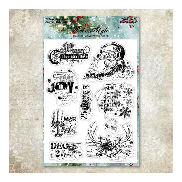 A sheet of clear Christmas-themed paper craft stamps from Relax & Style, featuring black ink designs of Santa Claus, snowflakes, ornaments, and festive text, displayed on a textured beige background.