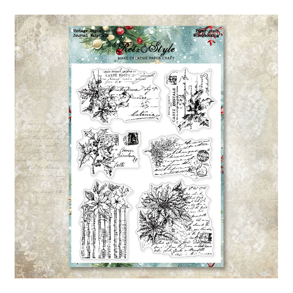 A sheet of clear acrylic stamps with black floral and script designs, mounted on a decorative card labeled 'Relax Style' and 'Make of Cursive Paper Crafts,' shown against a textured beige background.