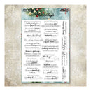 A sheet of Velvia Style 'Make of Caffe Pasta Craft' stamps and transfer designs, featuring various holiday-themed phrases and decorative elements, presented on a textured beige background.