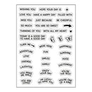 A sheet of clear adhesive stickers with various positive phrases, arrows, butterflies, and icons printed in black on a white backing sheet.