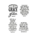 Four die-cut vinyl decals with black Bible verse quotes on a white background, arranged in a 2x2 grid on a light gray backdrop.
