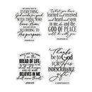 Four die-cut rubber stamps featuring Bible verses in black typography on white backgrounds, arranged in a 2x2 grid on a light gray background.