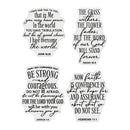Four white die-cut decorative plaque designs with black printed Bible verses, arranged on a light gray background. The verses include John 18:33, Isaiah 40:8, Joshua 1:9, and Hebrews 11:11.