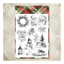 A sheet of clear holiday-themed stamp designs from Retro Style, featuring black ink illustrations of a wreath, Santa Claus, a snowman, a deer, a lantern, a Christmas tree, a car with a tree, ornaments, and festive phrases like 'Merry Christmas' and 'Peace, Joy, Love,' shown on a textured beige background.