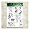 A sheet of clear stamp designs from HelloStyle Paper Crafts, featuring vintage botanical illustrations, handwritten letters, postmarks, and butterflies, presented on a textured beige background.