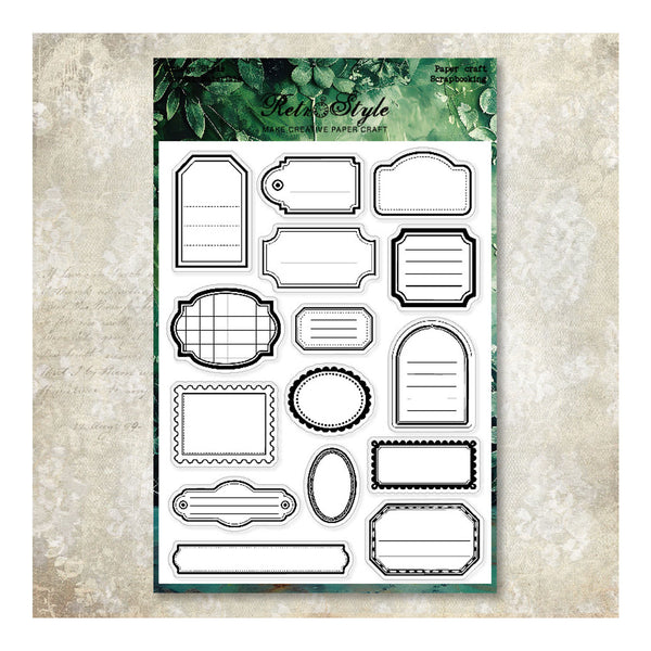 A sheet of clear emboscing paper craft stamps with black outline labels and frames, displayed on a textured beige background with a green floral header card.