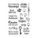 A sheet of clear acrylic or rubber stamps with multiple die-cut phrases and symbols, including decorative script flourishes, a rose, playing card suits, a key, and sayings such as 'You make life Wonderful,' 'A little magic,' 'Mad ABOUT YOU,' 'TIME to Celebrate,' 'Queen FOR THE DAY,' 'Tea and laughter,' 'Let the madness begin,' and 'You're simply SPLENDID.'.