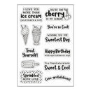 A sheet of clear stamp designs featuring ice cream and dessert-themed phrases and illustrations, including 'I LOVE YOU MORE THAN ice cream' and 'YOU'RE THE cherry TO MY SUNDAE', shown on a white background.