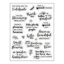 A sheet of clear acrylic or rubber stamp designs featuring various quote phrases and small floral/leaf motifs on a white background.