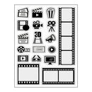 A sheet of black and white movie-themed stickers featuring icons and shapes like clapperboards, film reels, popcorn, tickets, cameras, a megaphone, 3D glasses, and screen blanks.