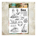 A sheet of clear stamp designs featuring nautical illustrations such as a lighthouse, anchor, seagull, turtle, sailboat, wave, compass, and life preserver, with the word 'Sea' and decorative text, shown on a textured beige background.