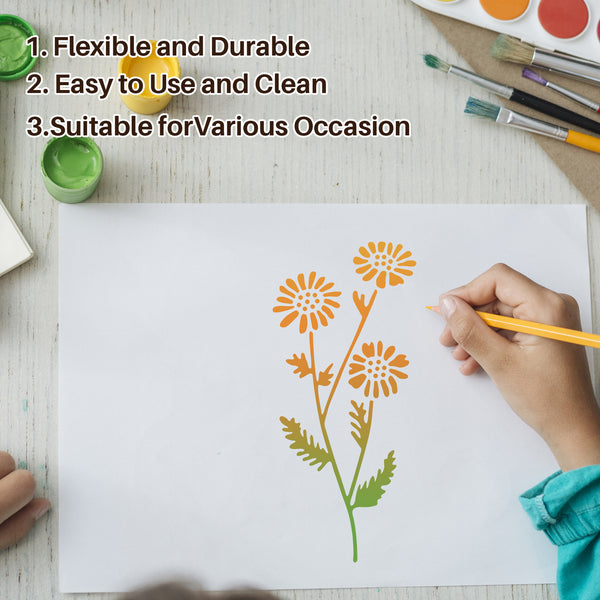 Person drawing a floral design on paper with text about product features.