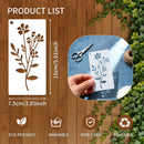 Floral stencil with dimensions, usage scenario, and product features on a wooden background.