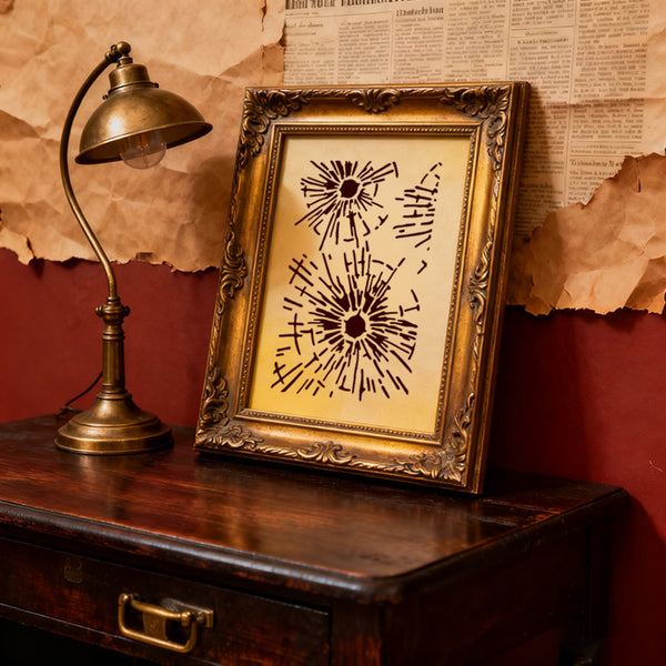 Decorative framed artwork on a wooden surface with a vintage lamp and newspaper background.
