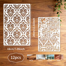Decorative stencils with intricate patterns on a wooden surface, showing measurements and usage suggestions.