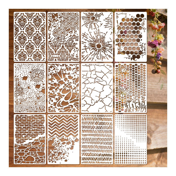 Set of decorative stencils with various patterns on a wooden surface.