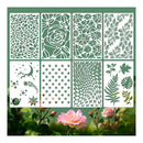 Set of floral and geometric stencils on a green background with pink flowers at the bottom.