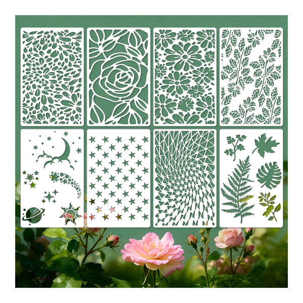 Set of floral and geometric stencils on a green background with pink flowers at the bottom.