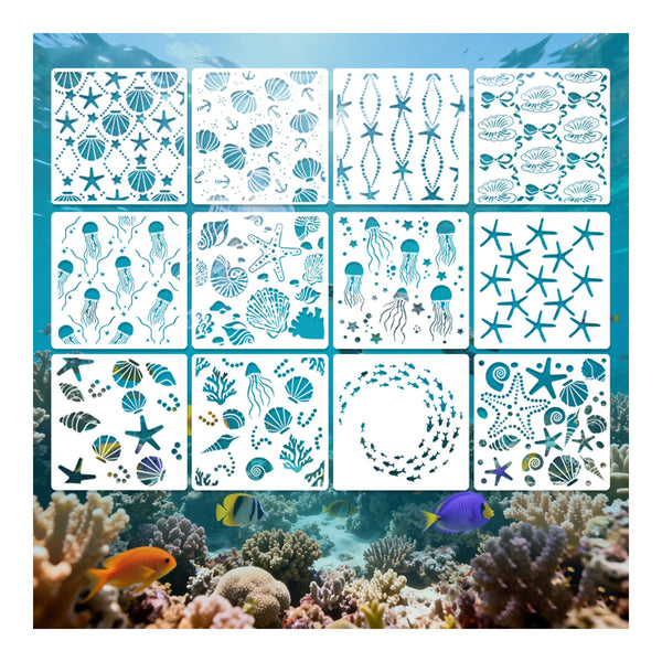 Set of marine-themed stencils on a blue background with underwater scene at the bottom