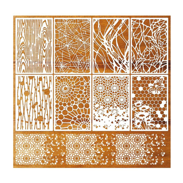 Set of nine decorative metal screens with various intricate patterns on a white background