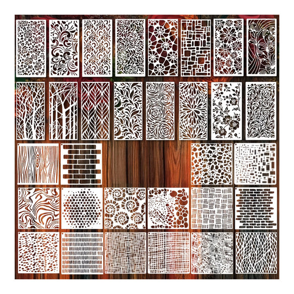 Collection of various decorative stencils with different patterns on a white background