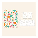 Colorful abstract pattern on a beige background with smaller white patterns.