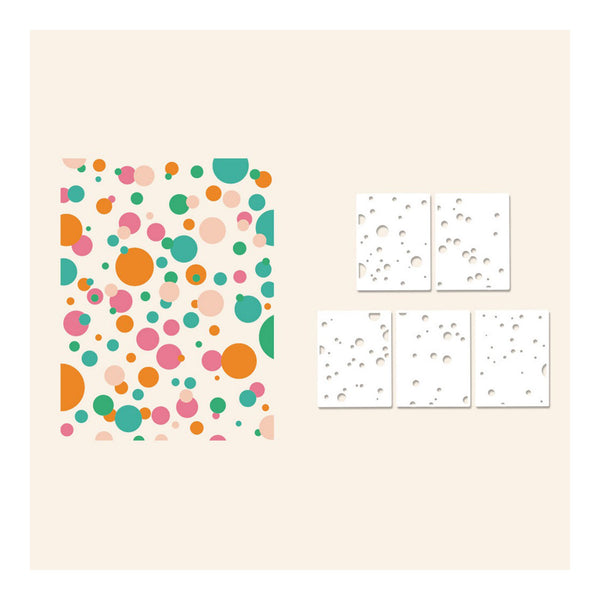 Colorful abstract pattern on a beige background with smaller white patterns.