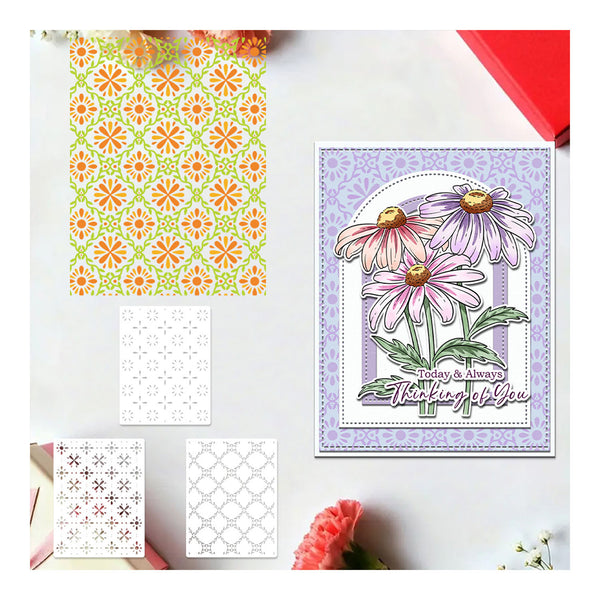 Set of floral stamps and stencils on a white surface with a red background