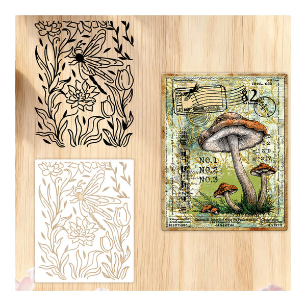 Three decorative stencils with floral, dragonfly, and mushroom designs on a wooden surface.