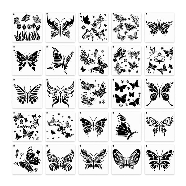 A sheet of 20 small square cards arranged in a grid, each printed with different black butterfly and floral stencil or decal designs on a white background.